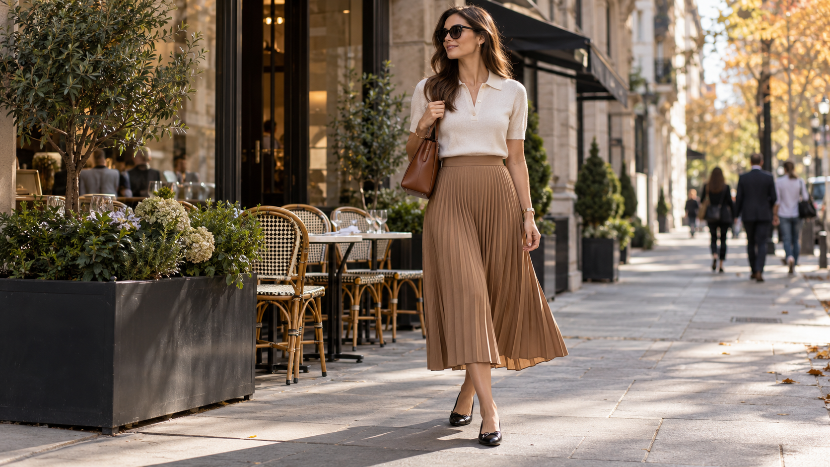Fine-Knit Polo with Pleated Midi Skirt and Ballet Flats